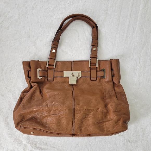 Calvin Klein Handbags - Calvin Klein Tote Handbag Leather Tan Brown Gold Hardware Lock Design
